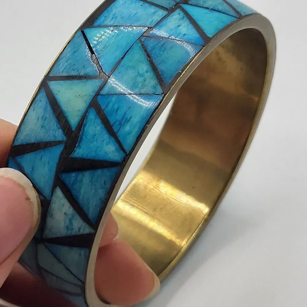 Estate Bohemian Bangle Made India Turquoise Inlay Brass 2.6in dia see descriptio